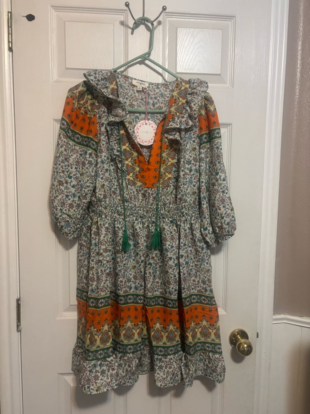Umgee Floral Dress in White with Orange and Teal Accents